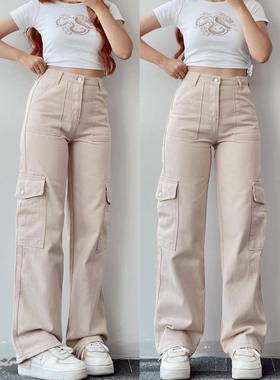 Straight Leg Cargo Pants Women HighWaist Baggy Trousers Lady