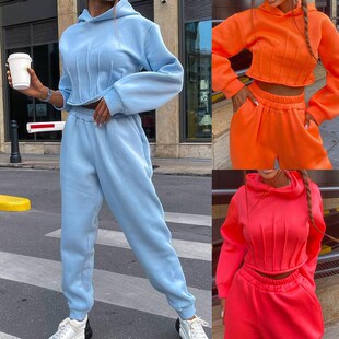 Casual Fashion Two Piece Set秋纯色女士后背绑带连帽卫衣两件套