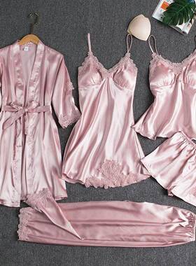 Sleepwear Female 5PCS Pajamas Set Satin Pyjamamas Home Wear