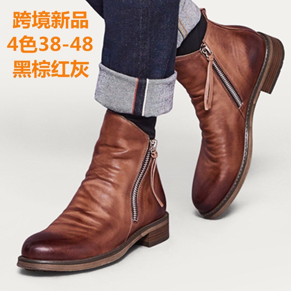 2021新款男士皮靴大码流苏靴双侧拉链防滑底男靴男鞋Men's boots