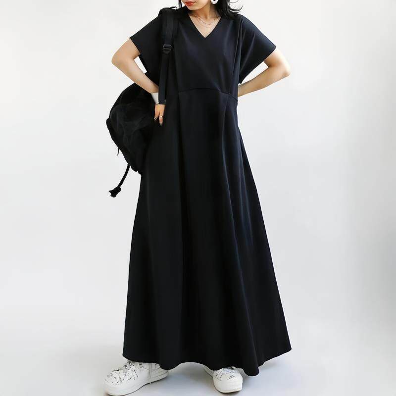 2025跨境日系夏季新款女装 V领蝙蝠袖褶皱纯色连衣裙修身显瘦女裙