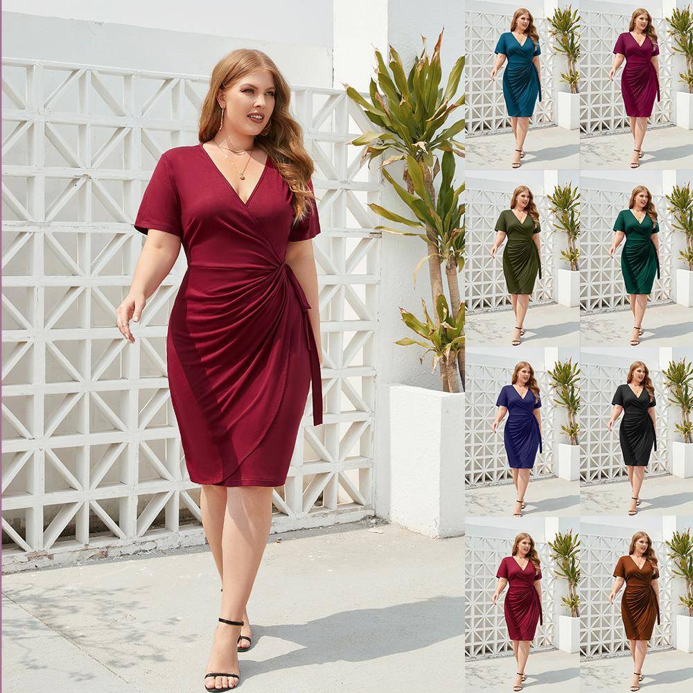 Curvy ladies pencil dress plus size women V neck party dress