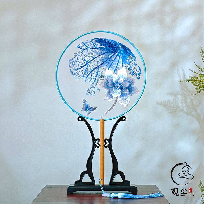 爆款明星金晨同款青花瓷牡丹苏绣刺绣团扇双面绣扇手持国风工艺扇