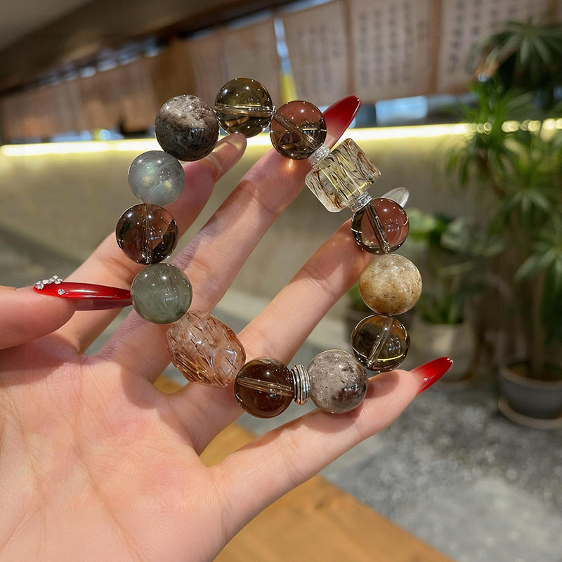 天然水晶手串女黑金超七手串四季幽灵茶晶招财转运灰月光手链高货