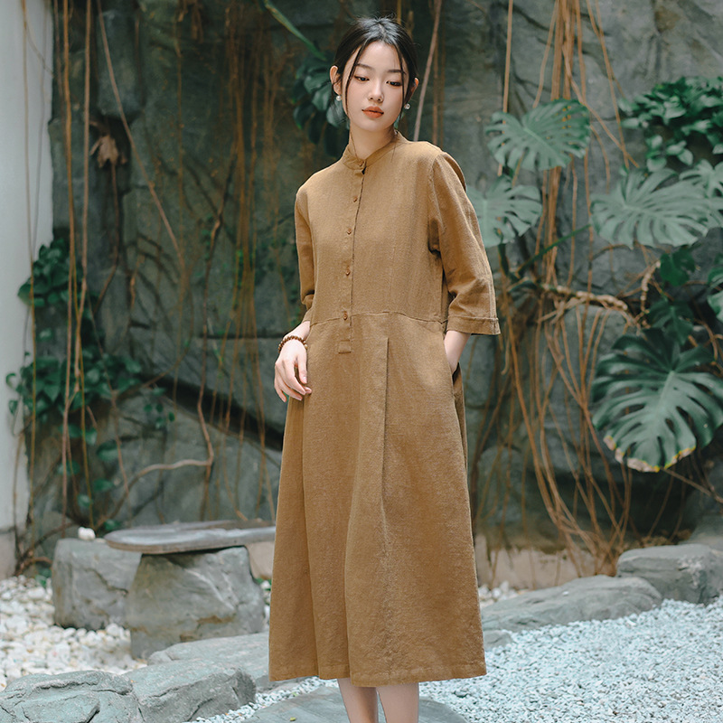 良品棉麻女装2025春夏新款高级感连衣裙女纯色新中式复古女士长裙