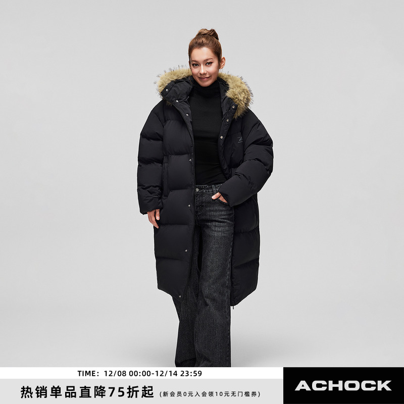 【Achock官方店】深冬重磅毛领可拆卸加厚长款过膝连帽羽绒服外套