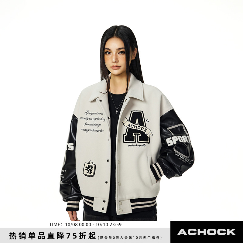 【Achock官方店】翻领刺绣棒球服外套春季新款复古情侣立领夹克潮