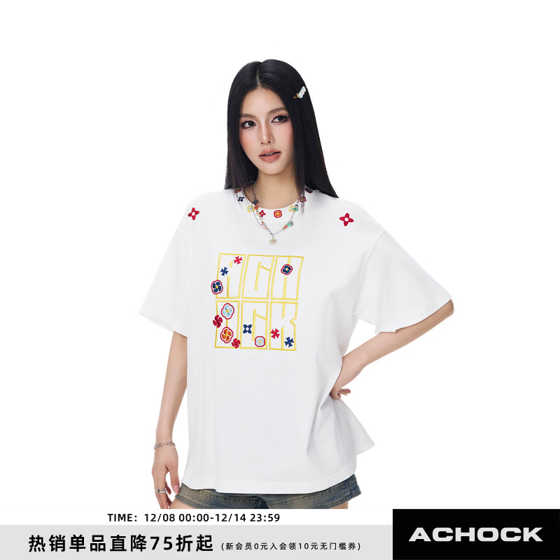 【Achock官方店】美式嘻哈图章刺绣情侣半袖T恤潮牌宽松情侣短袖