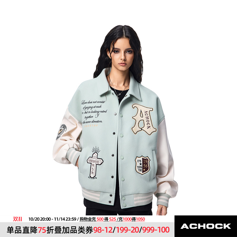 【Achock官方店】美式复古十字架棒球服重磅字母毛巾绣外套夹克男