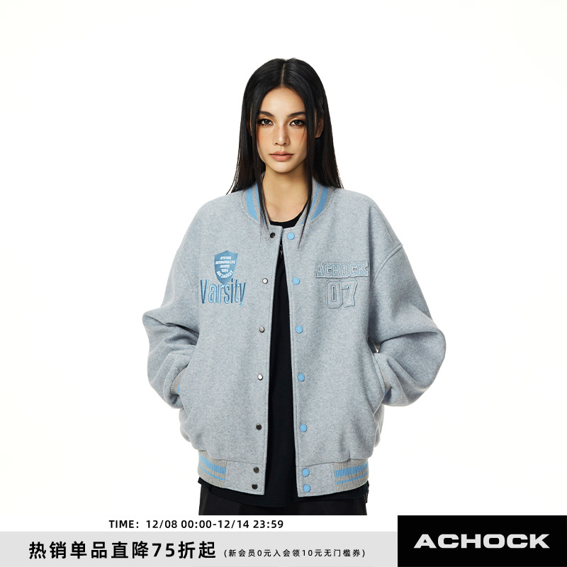 【Achock官方店】复古立体刺绣棒球服外套男女款潮牌毛呢夹克情侣