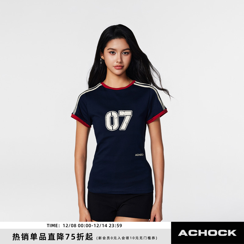 Achock美式条纹拼接t恤