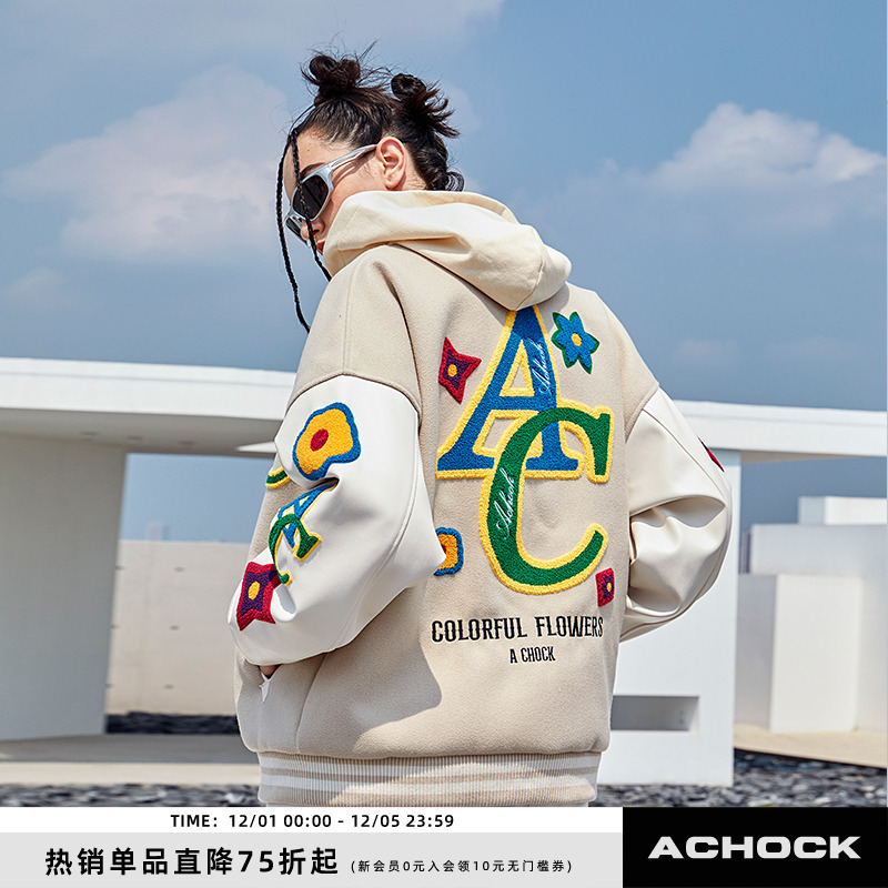 毛巾绣achock单排扣棒球服秋冬