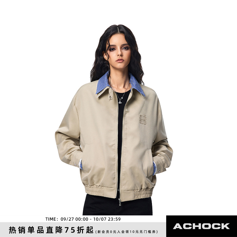 【Achock官方店】复古翻领夹克格子拼接短外套潮休闲工装上衣男女