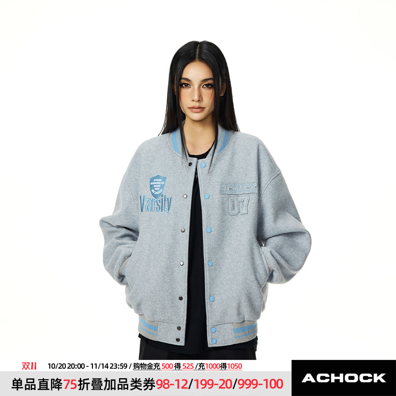 【Achock官方店】复古立体刺绣棒球服外套男女款潮牌毛呢夹克情侣