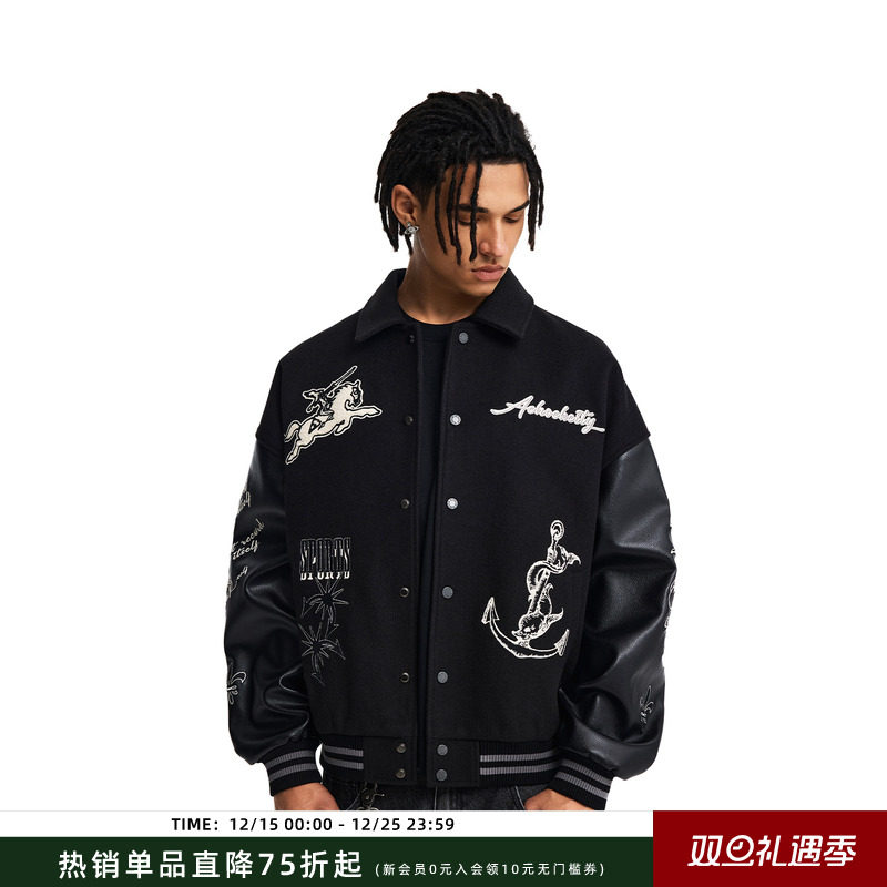【Achock官方店】美式翻领重磅刺绣夹克春秋机车风潮牌棒球服外套