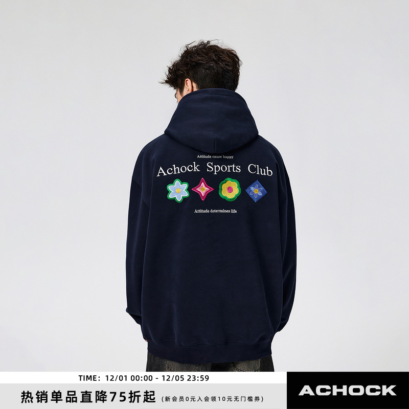 【Achock官方店】四时花境花瓣刺绣帽衫外套美式嘻哈连帽卫衣男女