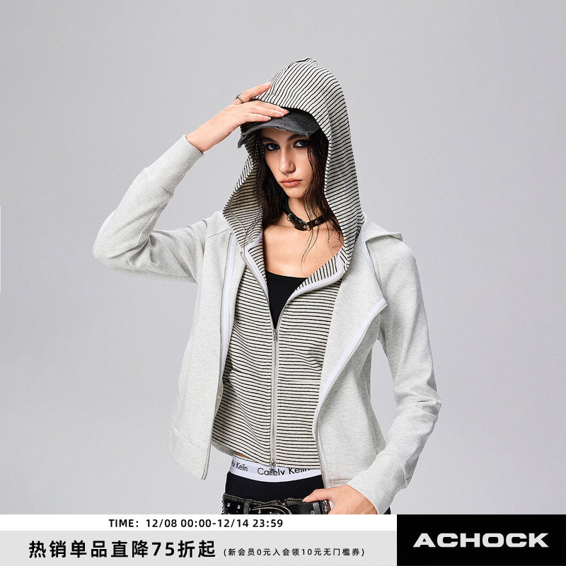 【Achock官方店】休闲百搭假两件上衣辣妹外套春秋薄款连帽卫衣女