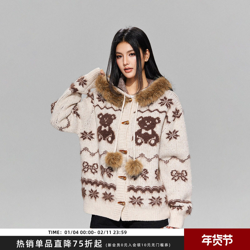 【Achock官方店】冬季新款复古费尔岛牛角扣毛领连帽针织衫毛衣女,男装,针织衫/毛衣,淘宝优惠券,粉丝福利购,淘宝优惠卷