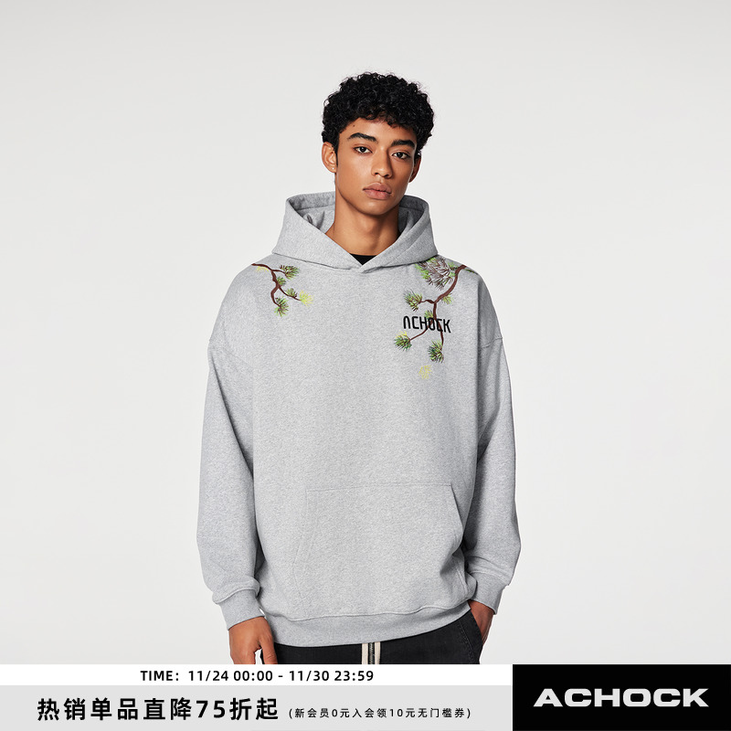 Achock美式复古刺绣连帽卫衣