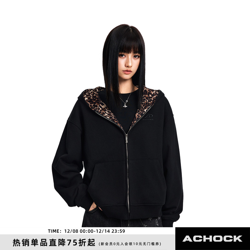 【Achock官方店】潮牌街头豹纹拼接连帽卫衣美式秋冬新款帽衫外套