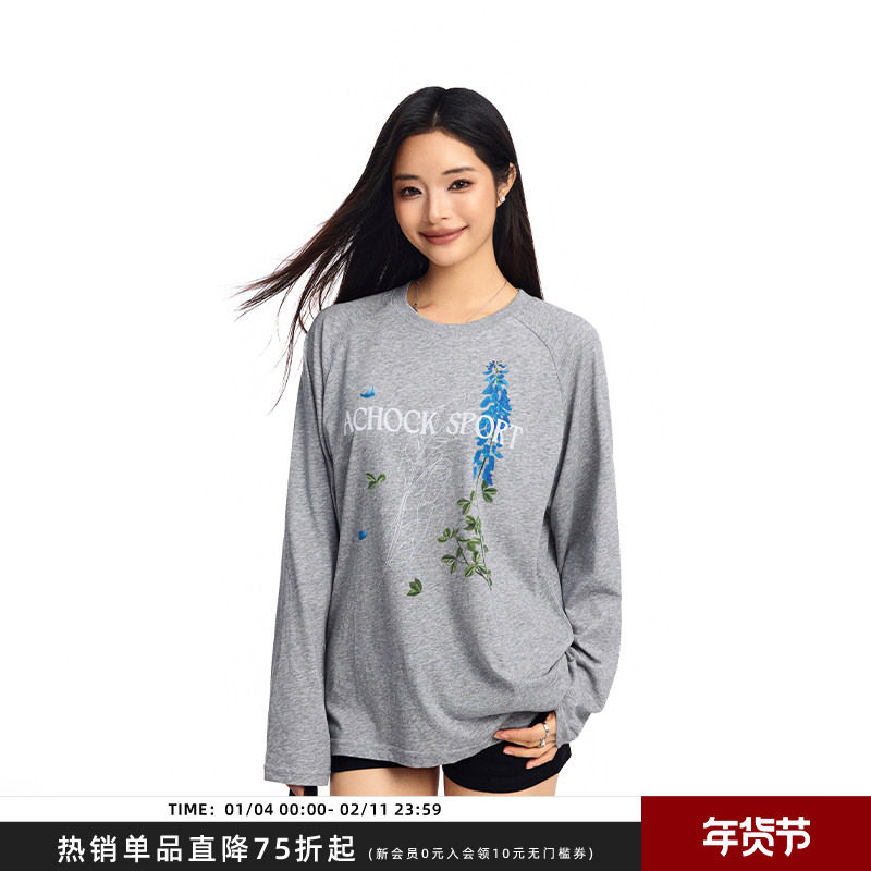【Achock官方店】美式街头植物花卉长袖罩衫潮牌新款圆领上衣T恤
