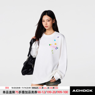 t恤男女潮牌美式 小花印花长袖 oversize上衣情侣 Achock官方店
