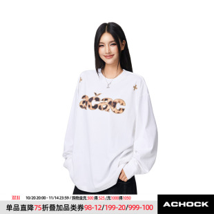 acac系列潮牌豹纹字母印花上衣高街秋冬圆领T恤 Achock官方店