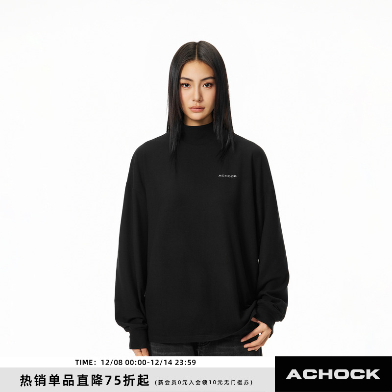 【Achock官方店】简约基础logo半高领长袖T恤男女潮牌美式打底衫