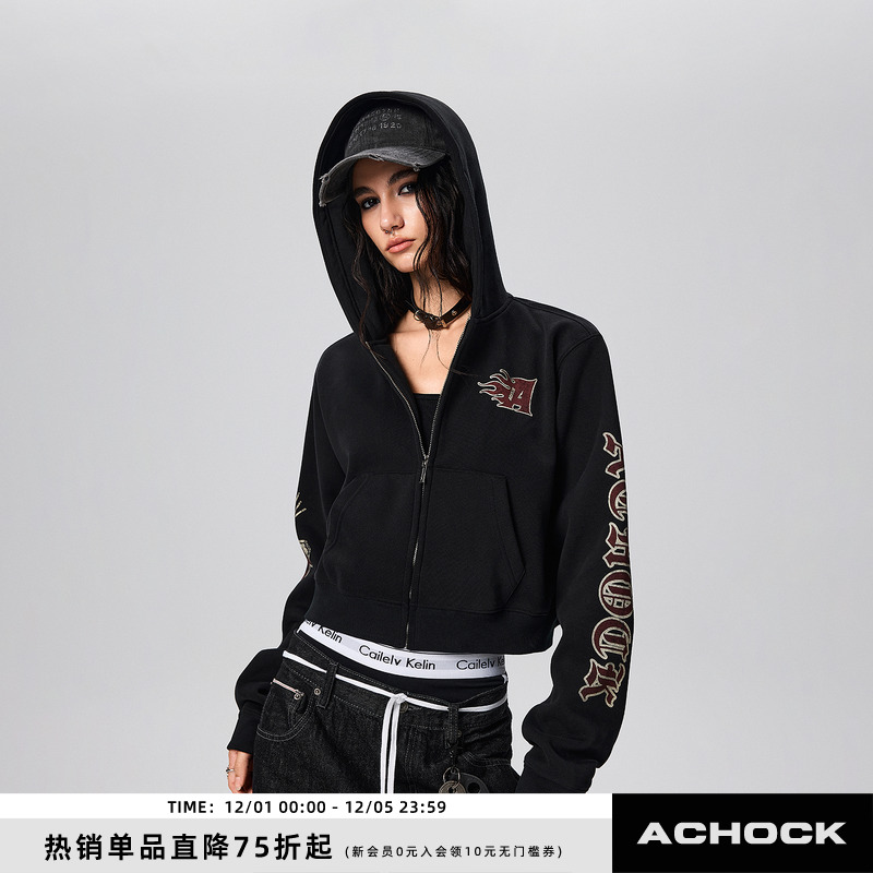 【Achock官方店】复古辣妹哥特做旧印花外套美式修身短款连帽卫衣