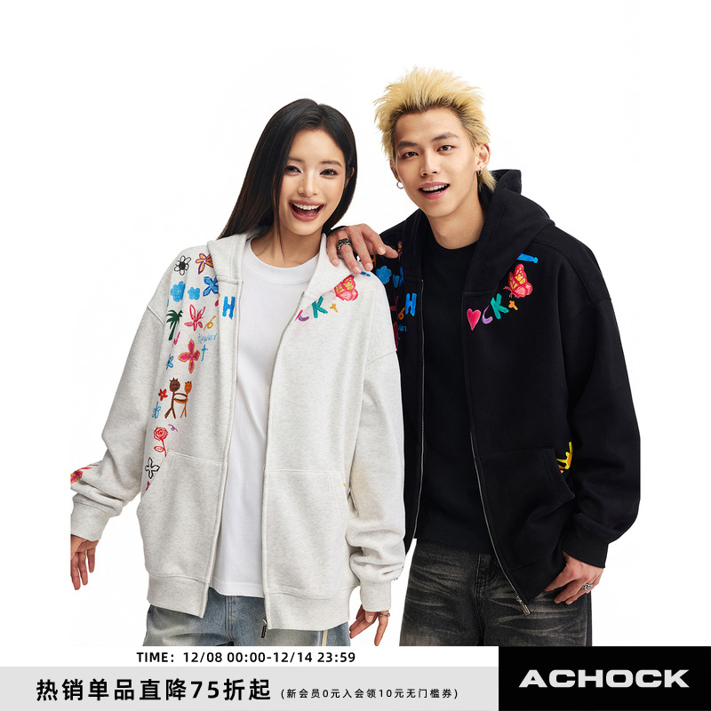 【Achock官方店】潮牌创意卡通涂鸦印花连帽卫衣新款开衫情侣外套