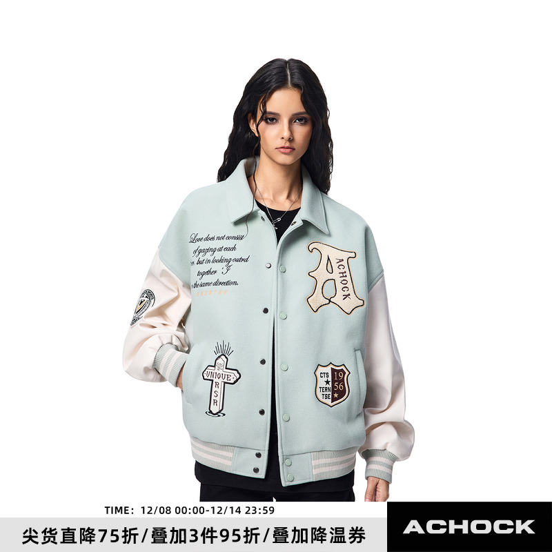 【Achock官方店】美式复古十字架棒球服重磅字母毛巾绣外套夹克男