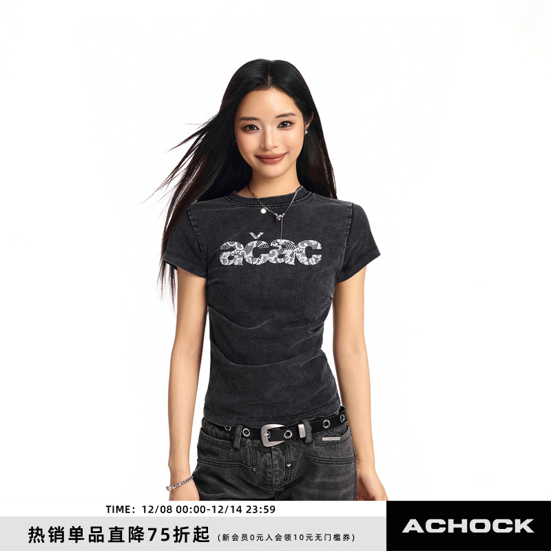 【Achock官方店】美式辣妹修身短袖女夏季蕾丝印花洗水复古上衣t