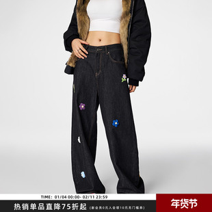 【Achock官方店】小花刺绣宽松直筒单宁水洗牛仔裤潮牌新品设计感