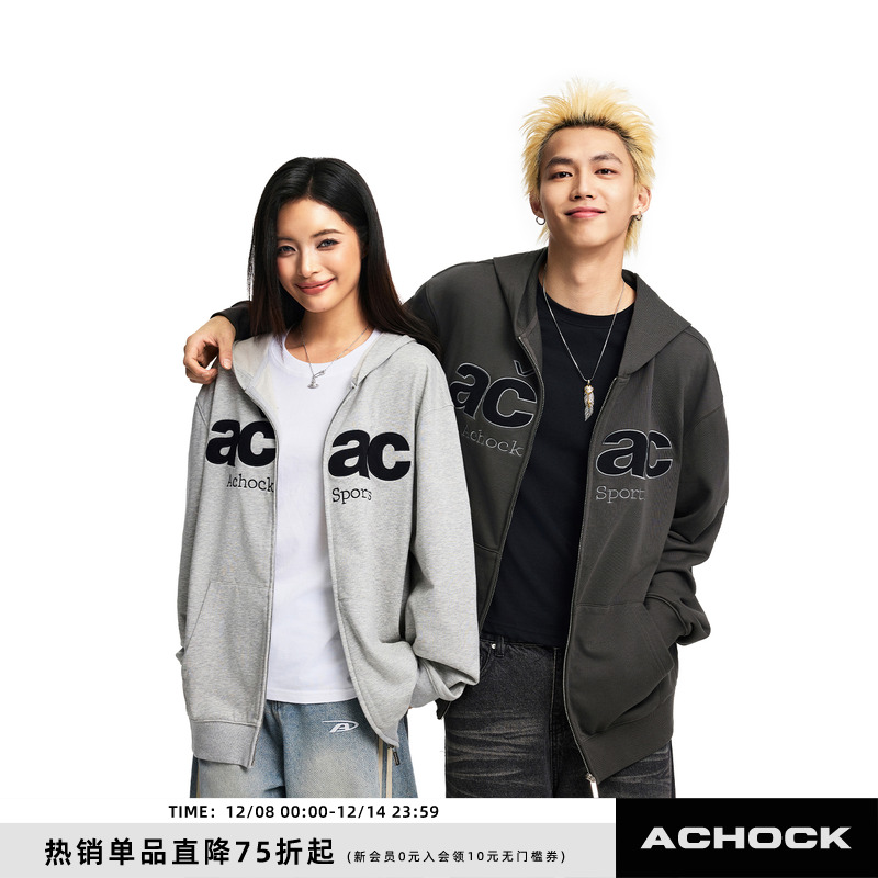 【Achock官方店】acac系列美式字母刺绣情侣开衫外套潮牌连帽卫衣