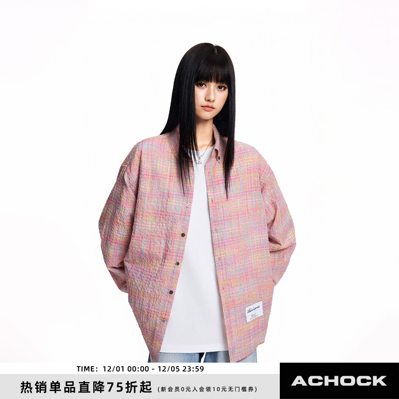 【Achock官方店】美式街头格纹泡泡纱衬衣潮牌新款长袖衬衫上衣男
