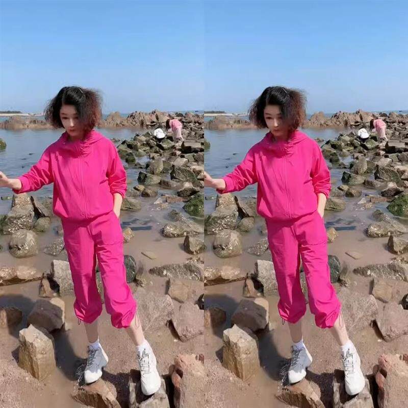 时尚休闲糖果色防晒套装女夏季轻薄透气连帽外套束脚运动裤两件套