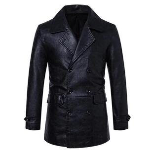 牛皮风衣翻领真皮外套男PU皮立领新品 真皮夹克中长款 男士 秋冬新款