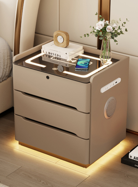 智能床头柜简约现代家用卧室小户型实木带锁轻奢储物床边柜免安装