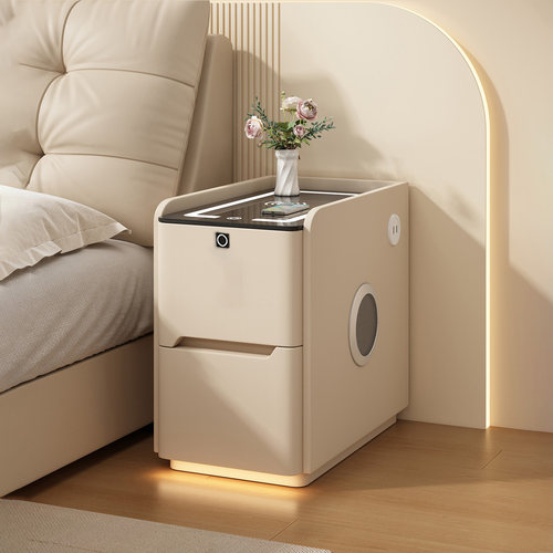 智能床头柜轻奢高级感卧室储物带指纹锁实木免安装床边充电置物柜