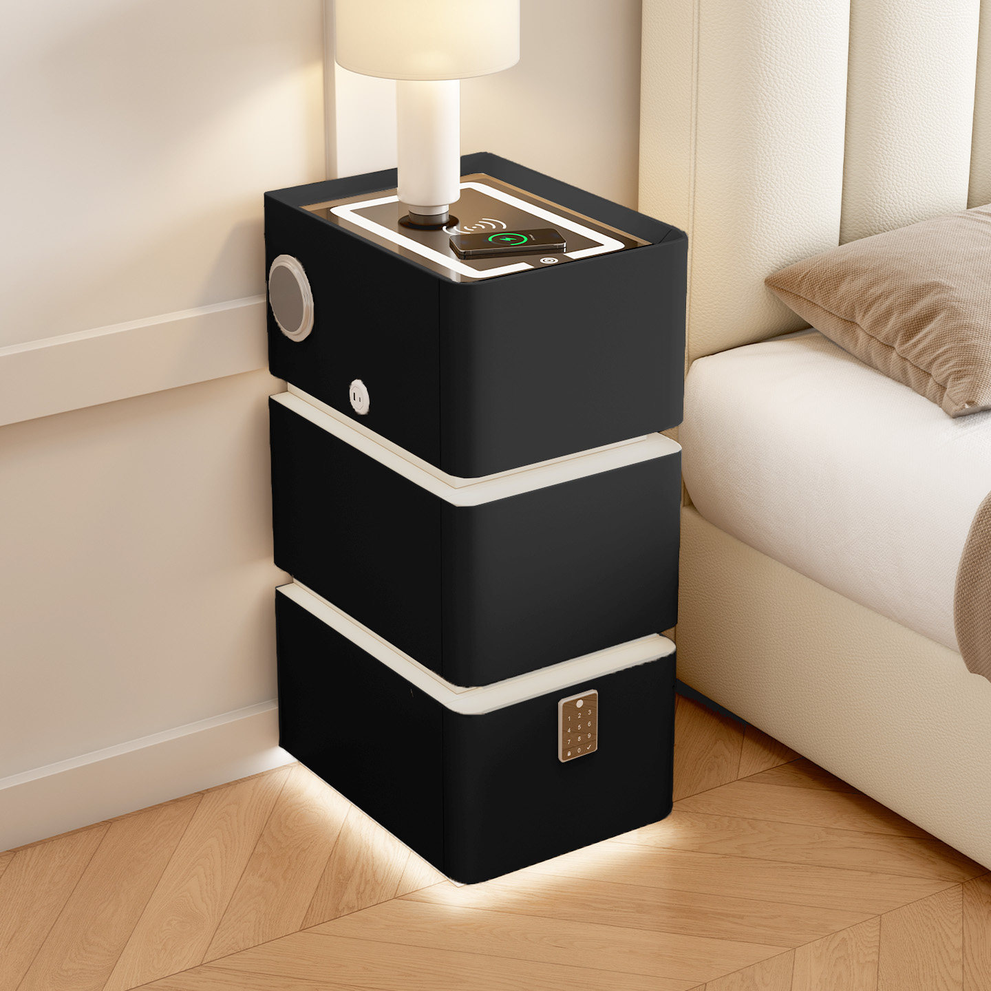 超窄悬浮智能床头柜奶油风卧室简约现代实木带灯三层小型床边柜子