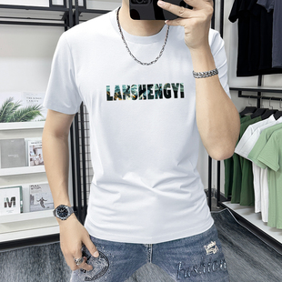 蓝晟依短袖男t恤简约时尚字母印花半袖上衣修身百搭男士圆领白色T