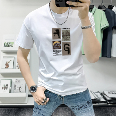 短袖男款爆款2025新款t恤男圆领夏季ins潮流时尚印花修身半袖上衣