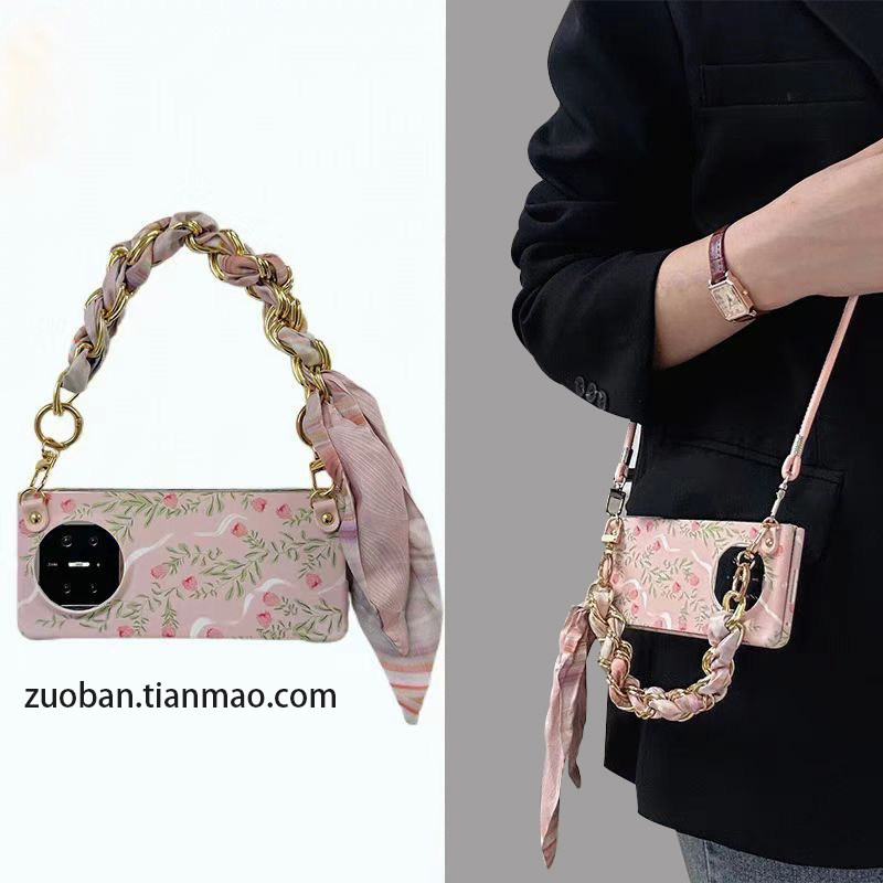 小清新粉色斜跨挂绳适用华为MateX6手机壳女款折叠屏Pocket2手提丝巾腕带P50宝盒网红X5高级感x3防摔保护套