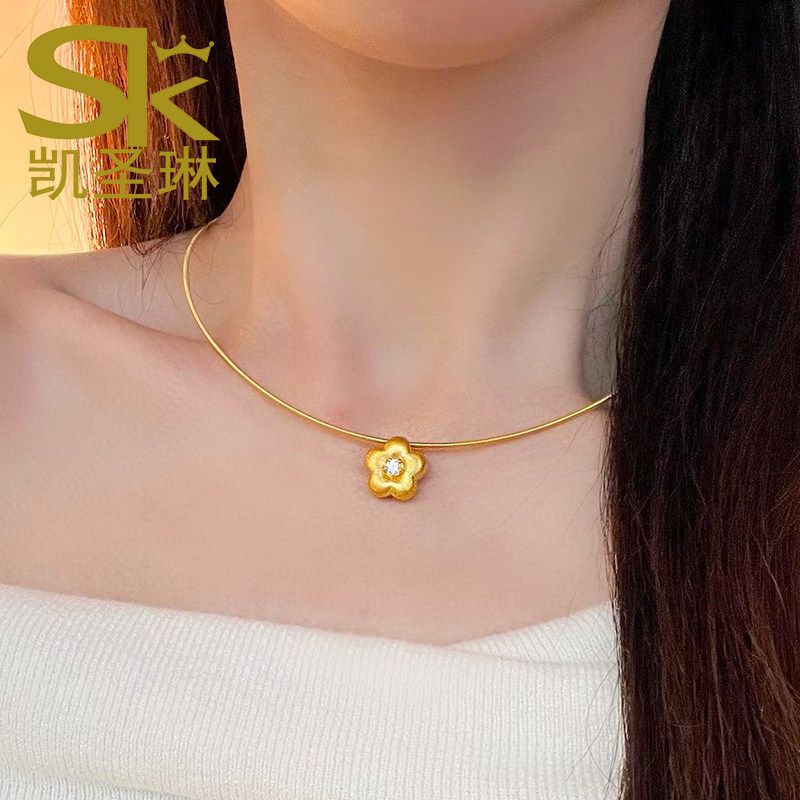 黄金梅花吊坠999足金拉丝花朵项链女点钻工艺新款金项圈七夕礼物