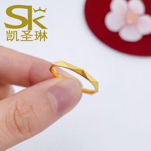 5G黄金菱格戒指女999足金几何指环新款纯金素圈小尾戒送女友礼物