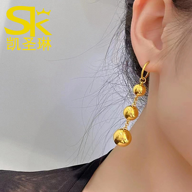 5D黄金金珠耳环女999足金光珠耳坠时尚新款流苏豪华纯金正品耳扣