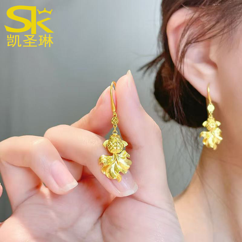 古法黄金金鱼耳环女999足金新款锦鲤弯钩钱币耳环纯金耳饰送礼