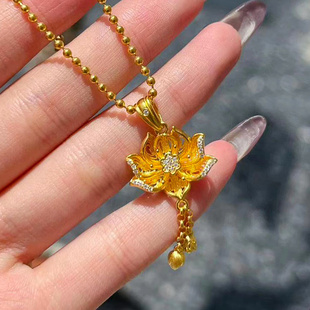中国风纯金挂坠女款 古法黄金莲花吊坠999足金莫桑钻流苏项链新款