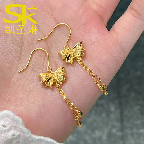 999足金蝴蝶结流苏耳环送女友