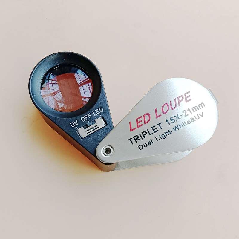 15倍宝石放大镜15X光学三层21mm玻璃带紫外线白光灯鉴定珠宝钻石